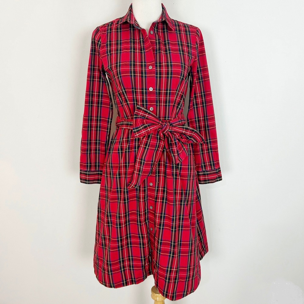 J.Crew Shirt Dress Red Tartan Plaid Holiday Belted Classic Size 6 Women's